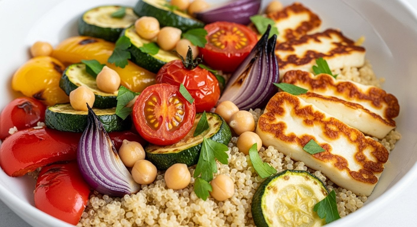 Recept pro vitální den: Fitness Power Bowl s pečenými paprikami, halloumi a quinoou